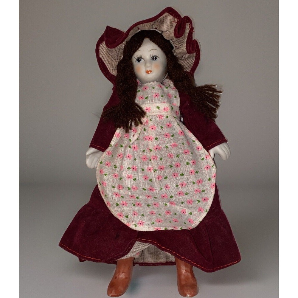 Vintage Porcelain Doll Dutch Ragdoll Velvet Dress Brunette Bonnet Collectible 8"